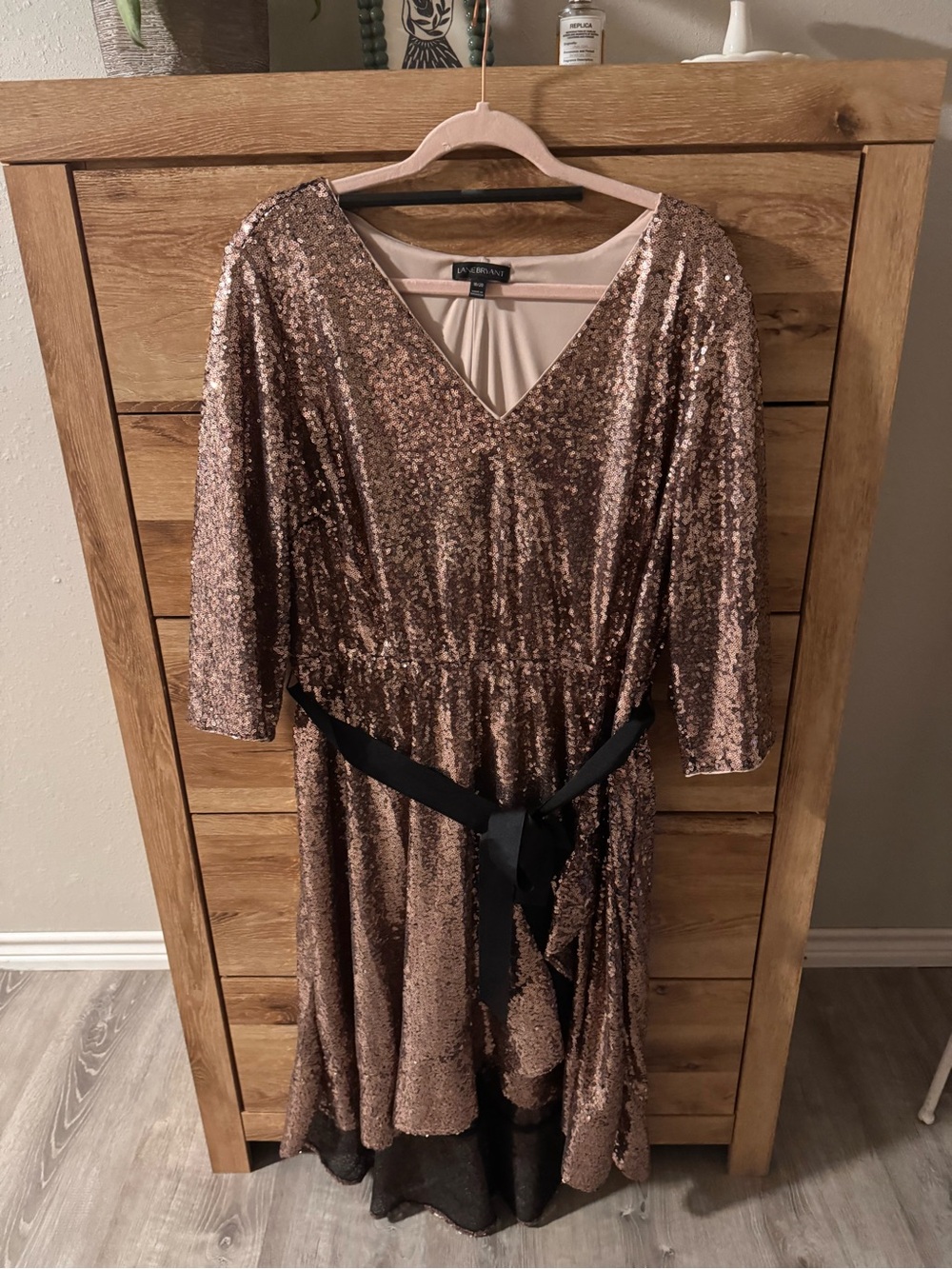 Lane Bryant Rose Gold Sequin Midi Dress with Black Sash